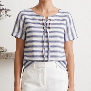 Madewell Stripe Top Blue White Lace Up Coastal Nautical Resort Euro Summer XXS